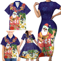 Hawaii Honu Mele Kalikimaka Family Matching Short Sleeve Bodycon Dress and Hawaiian Shirt Santa Tropical Flower Aloha Summer Blue Version LT03 - Polynesian Pride