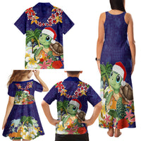 Hawaii Honu Mele Kalikimaka Family Matching Tank Maxi Dress and Hawaiian Shirt Santa Tropical Flower Aloha Summer Blue Version LT03 - Polynesian Pride