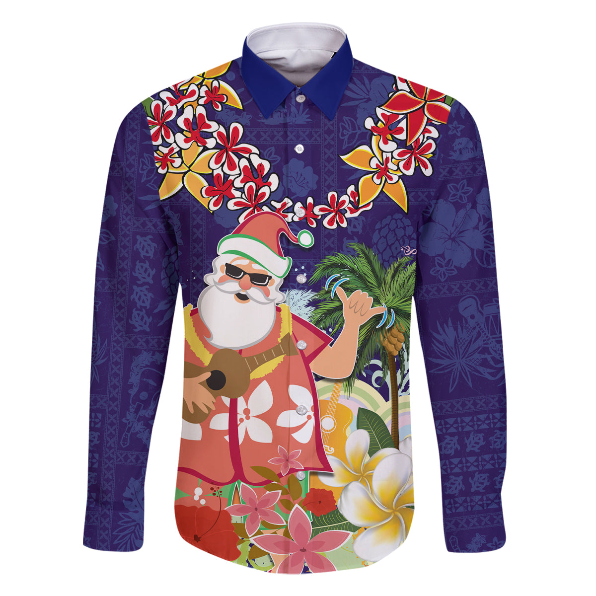 Hawaii Honu Mele Kalikimaka Family Matching Tank Maxi Dress and Hawaiian Shirt Santa Tropical Flower Aloha Summer Blue Version LT03 Dad's Shirt - Long Sleeve Blue - Polynesian Pride