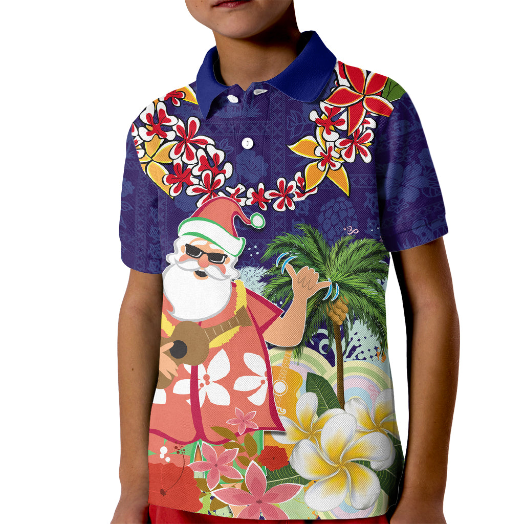 Hawaii Honu Mele Kalikimaka Kid Polo Shirt Santa Tropical Flower Aloha Summer Blue Version LT03 Kid Blue - Polynesian Pride