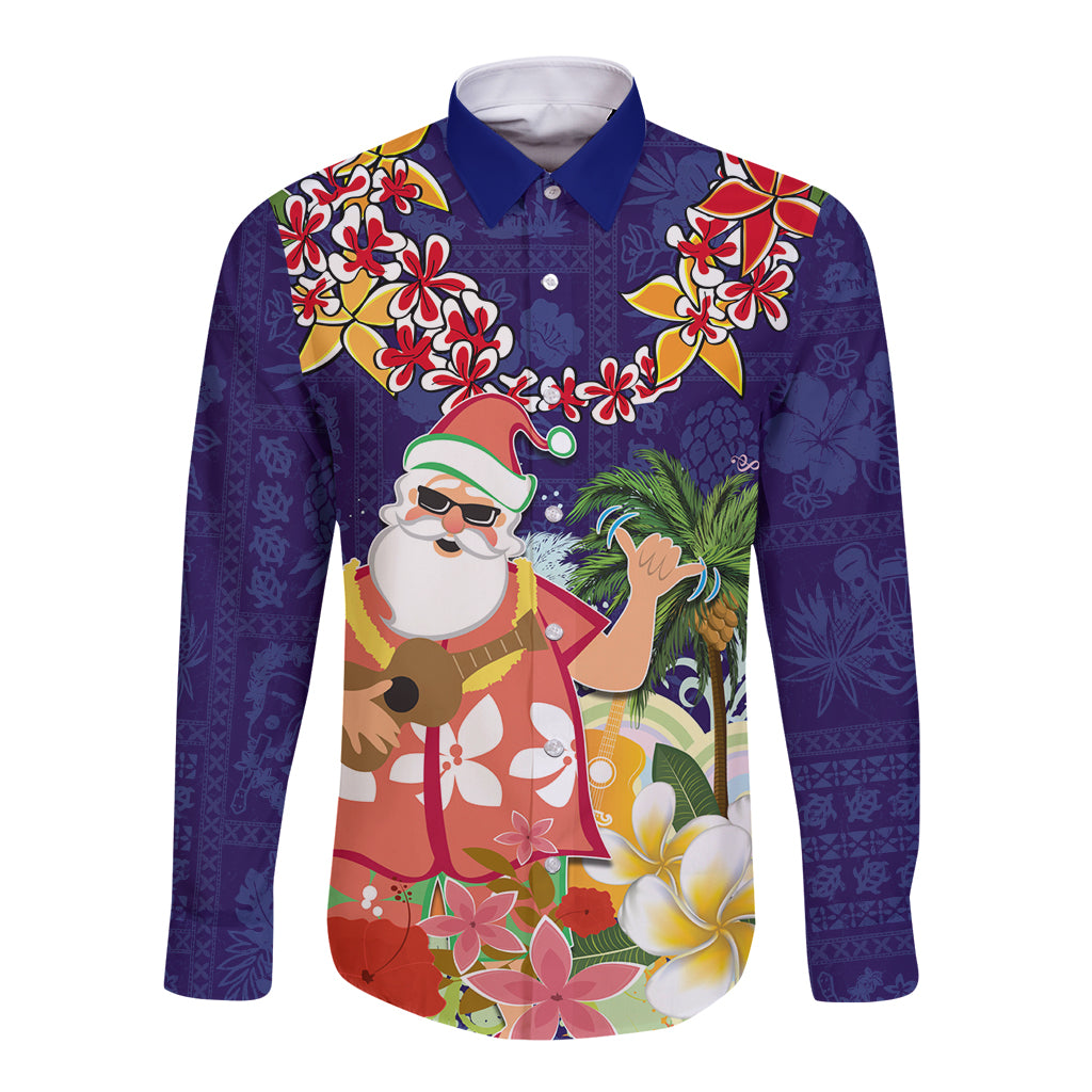 Hawaii Honu Mele Kalikimaka Long Sleeve Button Shirt Santa Tropical Flower Aloha Summer Blue Version LT03 Unisex Blue - Polynesian Pride