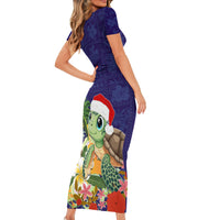Hawaii Honu Mele Kalikimaka Short Sleeve Bodycon Dress Santa Tropical Flower Aloha Summer Blue Version LT03 - Polynesian Pride