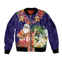 Hawaii Honu Mele Kalikimaka Sleeve Zip Bomber Jacket Santa Tropical Flower Aloha Summer Blue Version LT03 Unisex Blue - Polynesian Pride