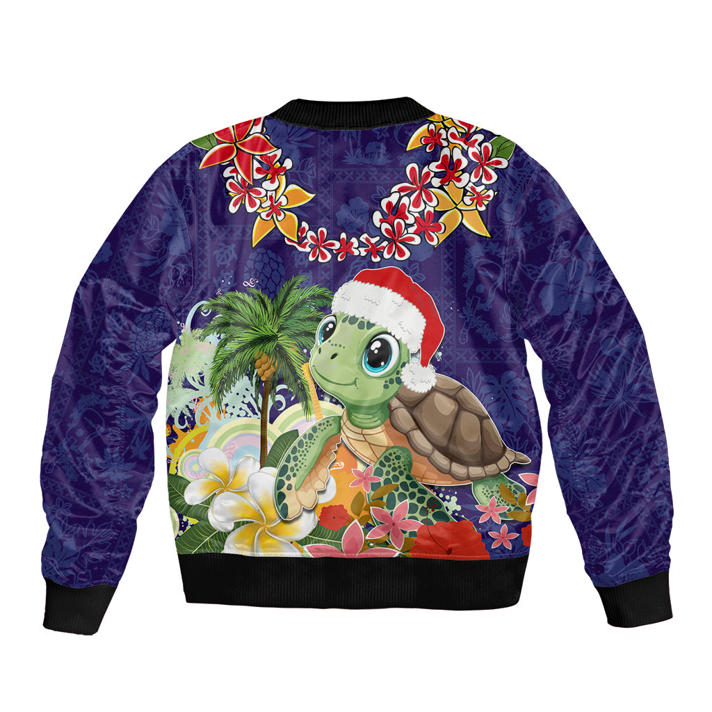 Hawaii Honu Mele Kalikimaka Sleeve Zip Bomber Jacket Santa Tropical Flower Aloha Summer Blue Version LT03 - Polynesian Pride