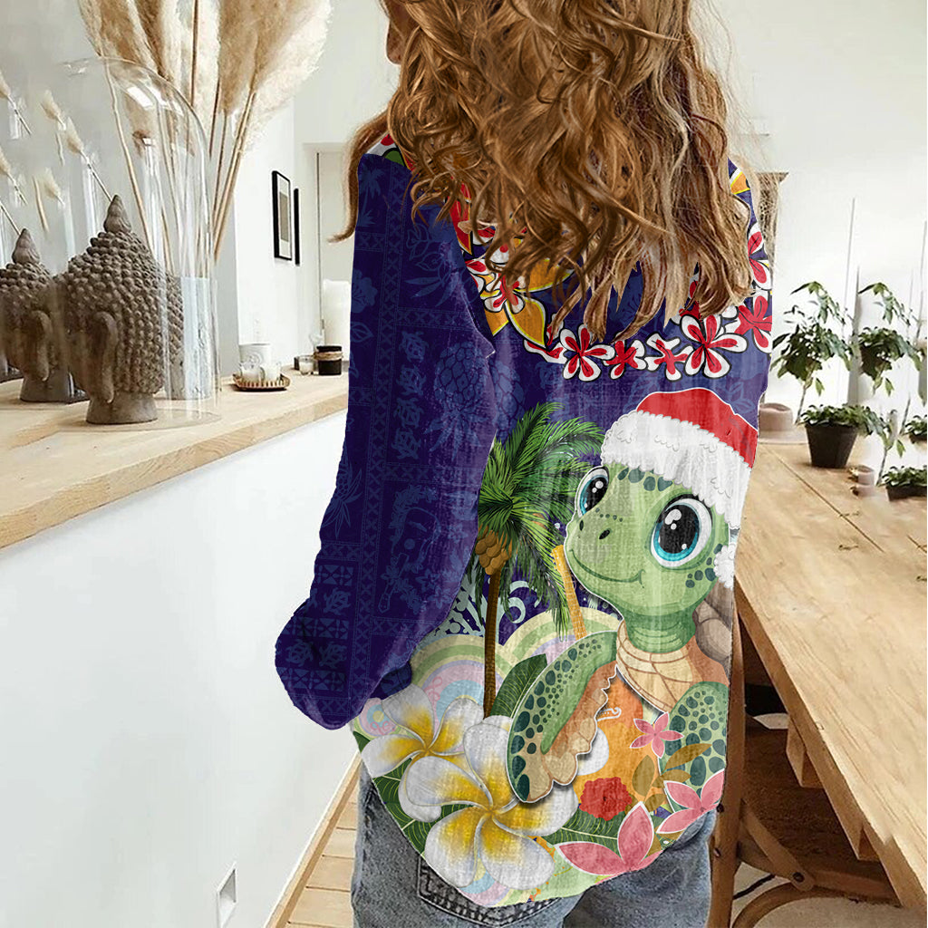 Hawaii Honu Mele Kalikimaka Women Casual Shirt Santa Tropical Flower Aloha Summer Blue Version LT03 - Polynesian Pride