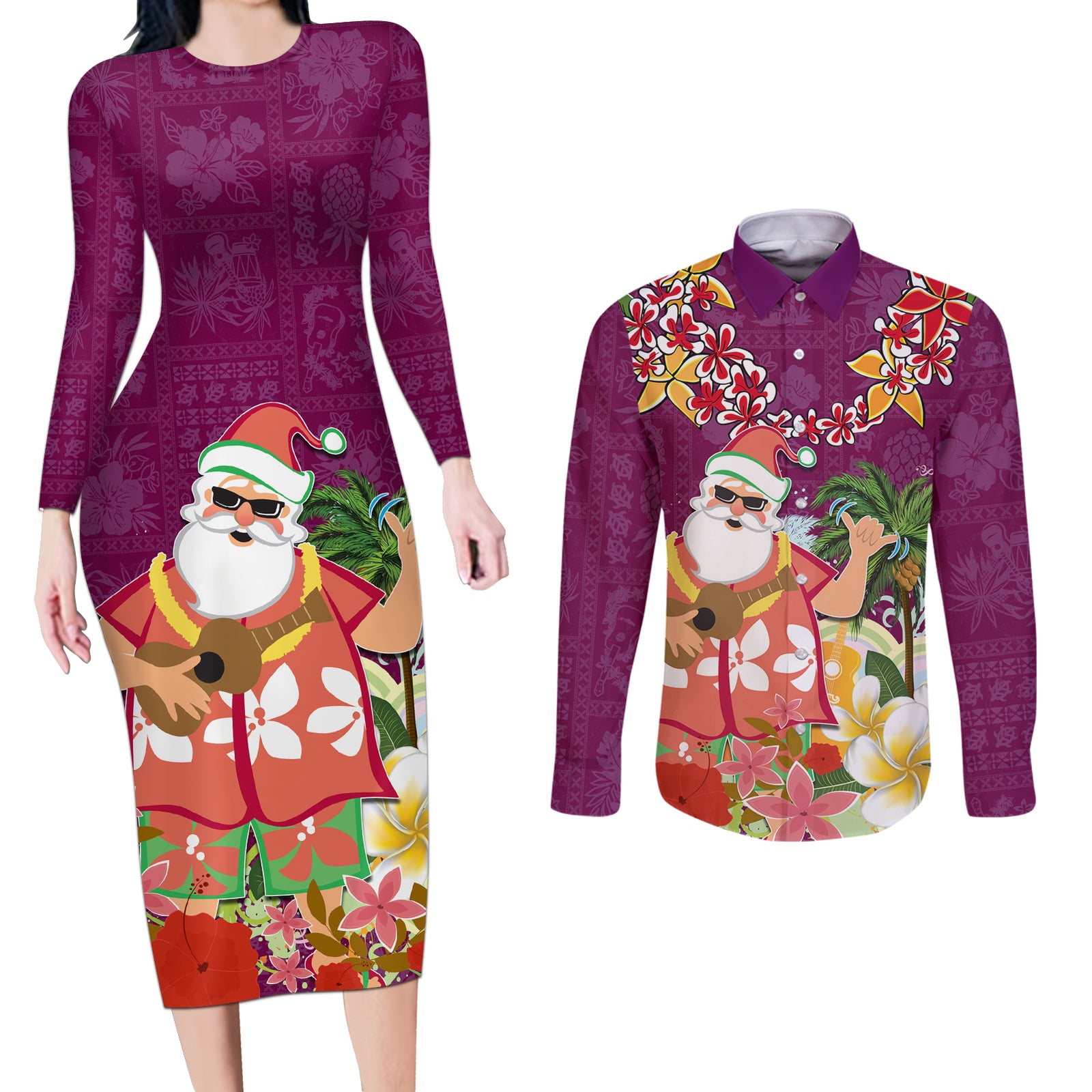 Hawaii Honu Mele Kalikimaka Couples Matching Long Sleeve Bodycon Dress and Long Sleeve Button Shirt Santa Tropical Flower Aloha Summer Pink Version LT03 Pink - Polynesian Pride
