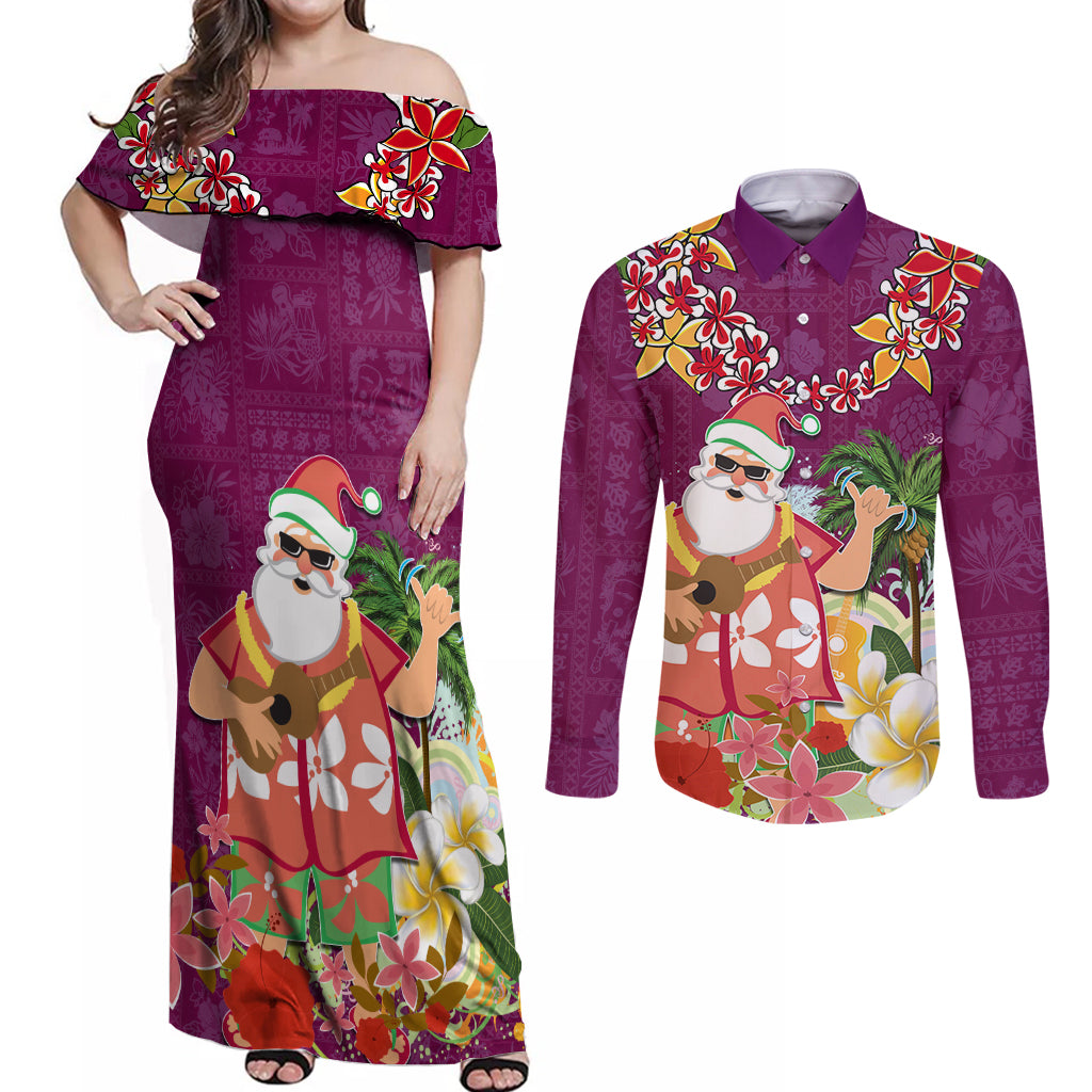 Hawaii Honu Mele Kalikimaka Couples Matching Off Shoulder Maxi Dress and Long Sleeve Button Shirt Santa Tropical Flower Aloha Summer Pink Version LT03 Pink - Polynesian Pride