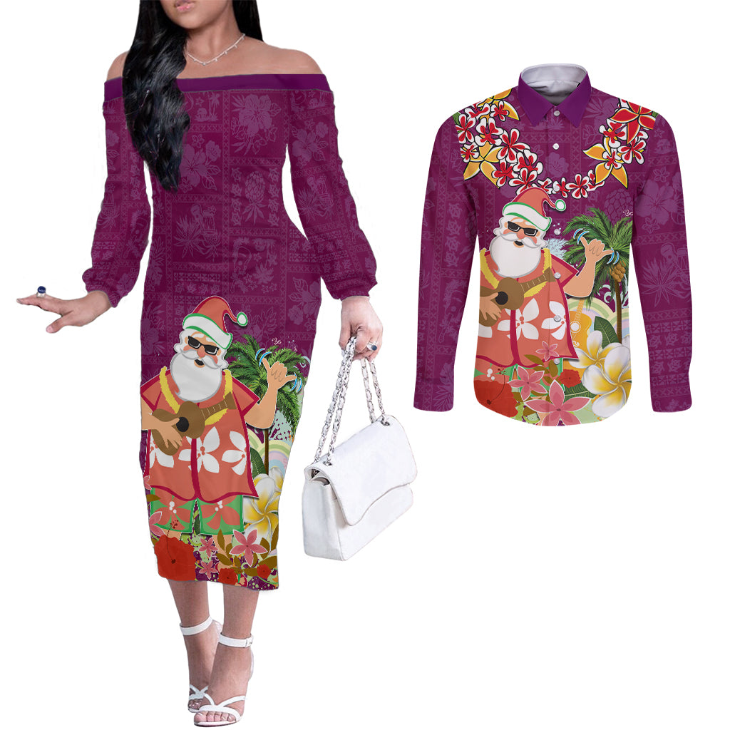 Hawaii Honu Mele Kalikimaka Couples Matching Off The Shoulder Long Sleeve Dress and Long Sleeve Button Shirt Santa Tropical Flower Aloha Summer Pink Version LT03 Pink - Polynesian Pride