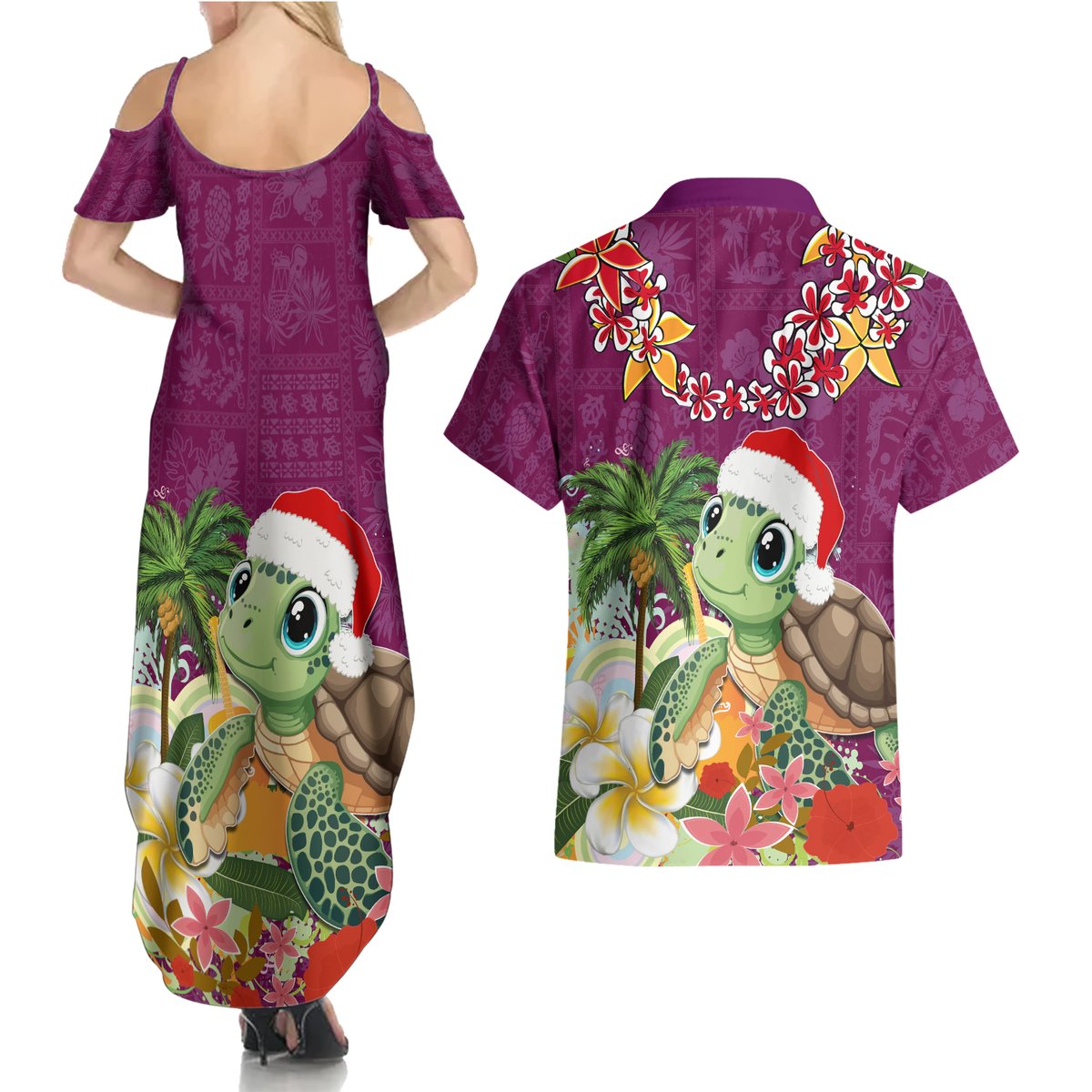 Hawaii Honu Mele Kalikimaka Couples Matching Summer Maxi Dress and Hawaiian Shirt Santa Tropical Flower Aloha Summer Pink Version LT03 - Polynesian Pride