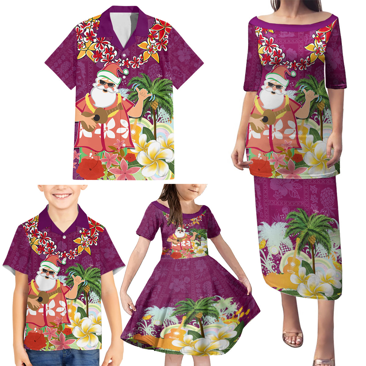 Hawaii Honu Mele Kalikimaka Family Matching Puletasi Dress and Hawaiian Shirt Santa Tropical Flower Aloha Summer Pink Version LT03 - Polynesian Pride