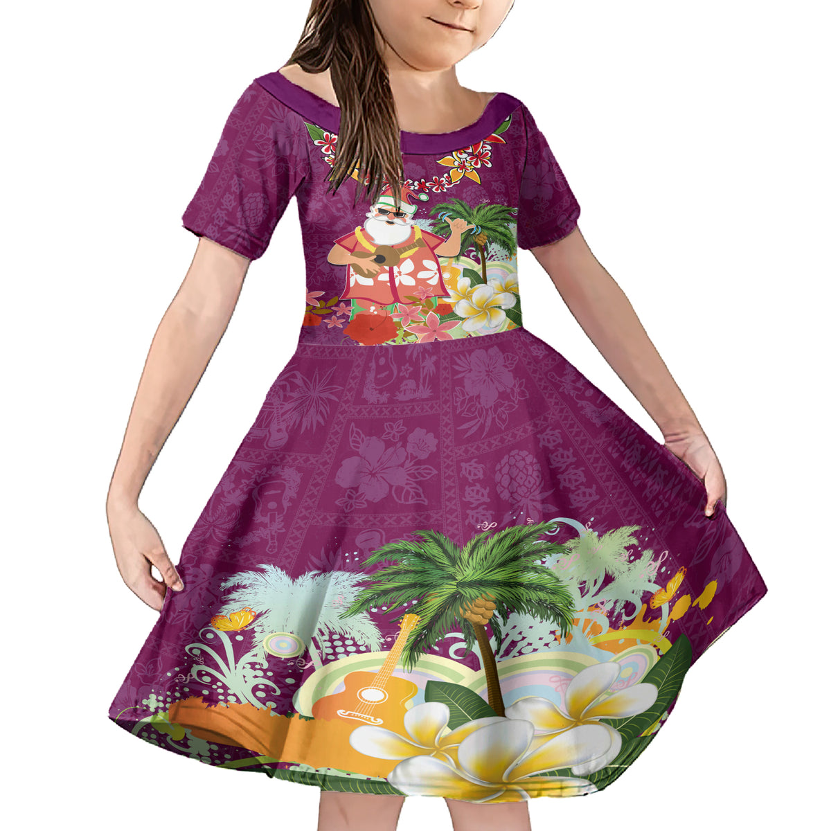 Hawaii Honu Mele Kalikimaka Family Matching Short Sleeve Bodycon Dress and Hawaiian Shirt Santa Tropical Flower Aloha Summer Pink Version LT03 Daughter's Dress Pink - Polynesian Pride
