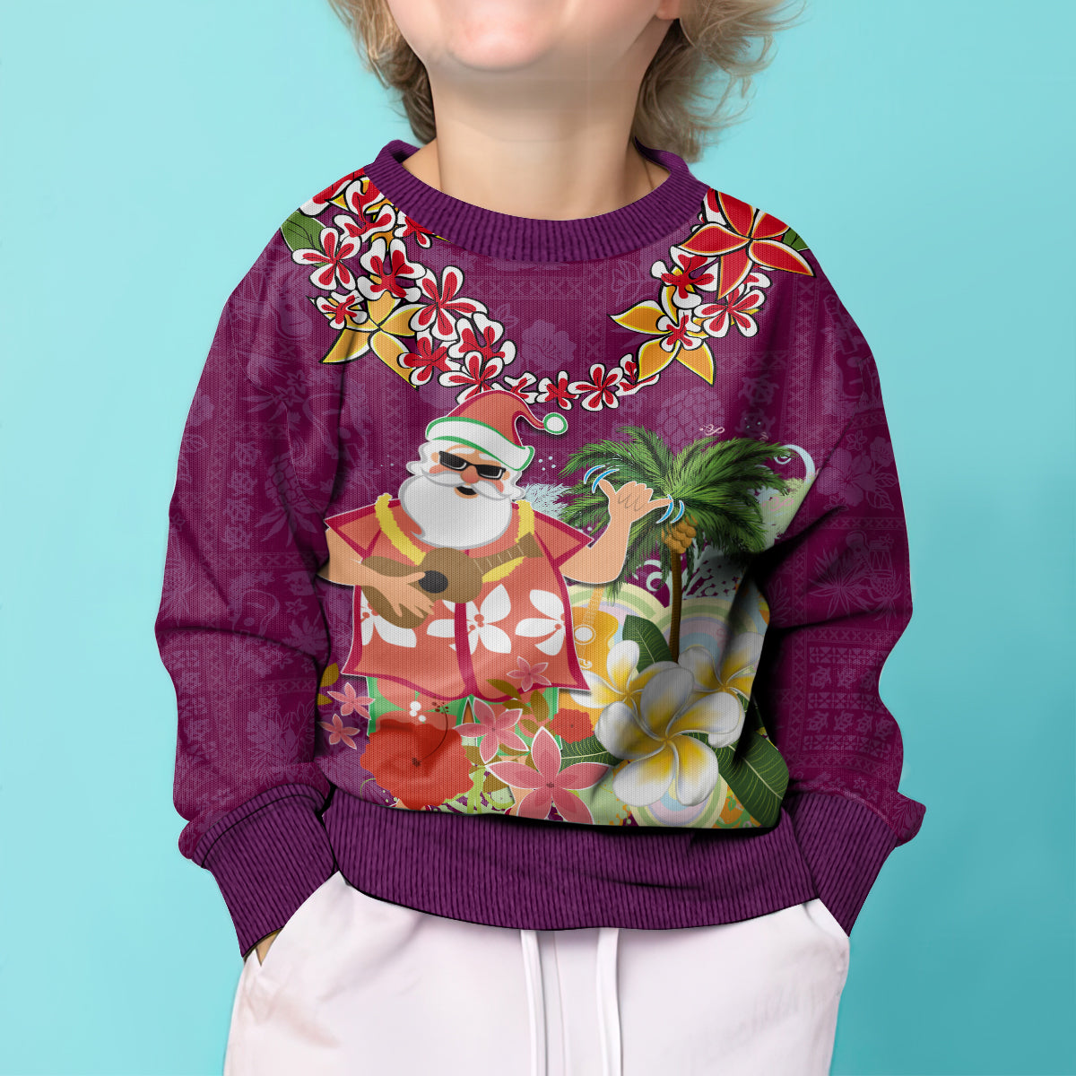 Hawaii Honu Mele Kalikimaka Kid Ugly Christmas Sweater Santa Tropical Flower Aloha Summer Pink Version LT03 - Polynesian Pride