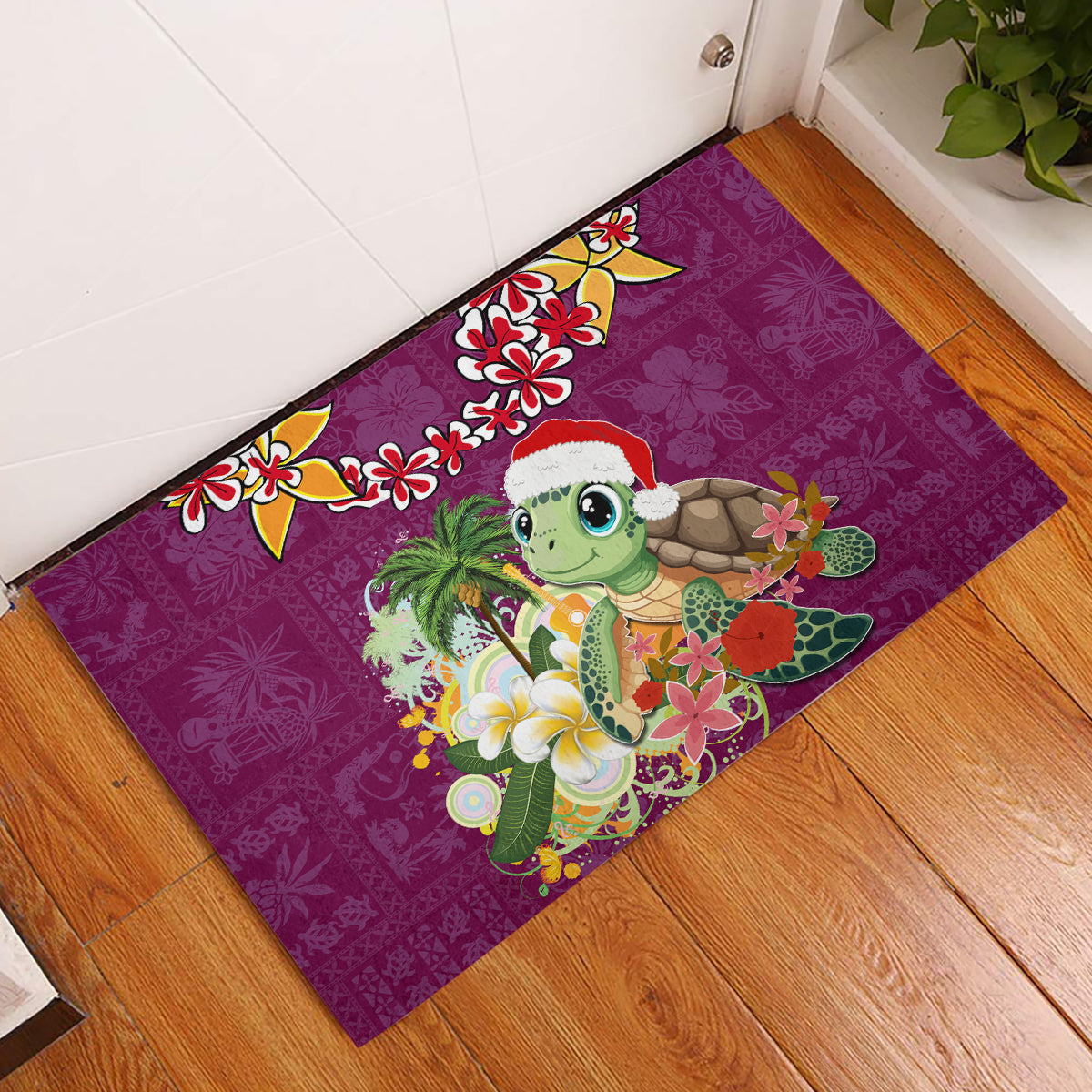 Hawaii Honu Mele Kalikimaka Rubber Doormat Santa Tropical Flower Aloha Summer Pink Version LT03 Pink - Polynesian Pride