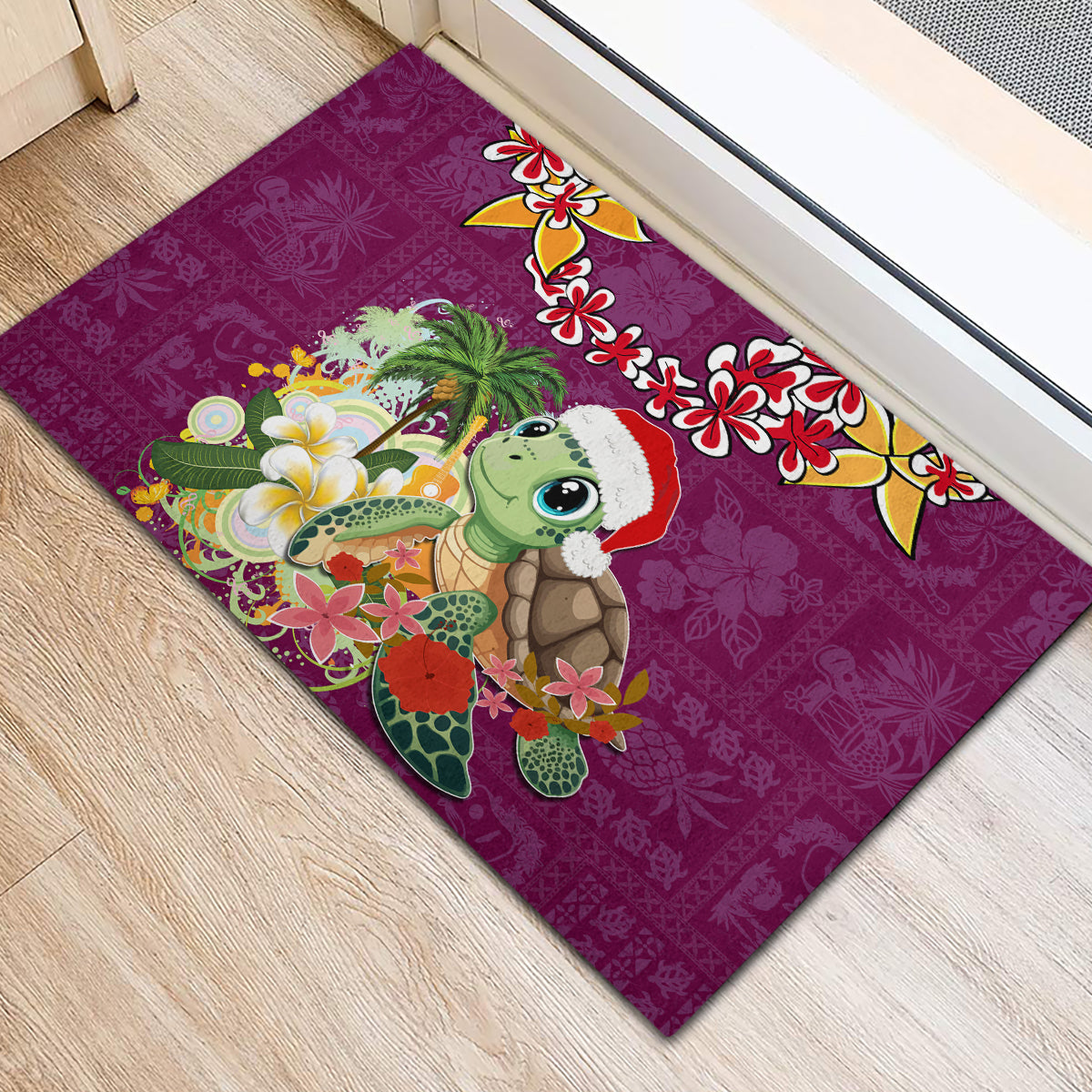 Hawaii Honu Mele Kalikimaka Rubber Doormat Santa Tropical Flower Aloha Summer Pink Version LT03 - Polynesian Pride