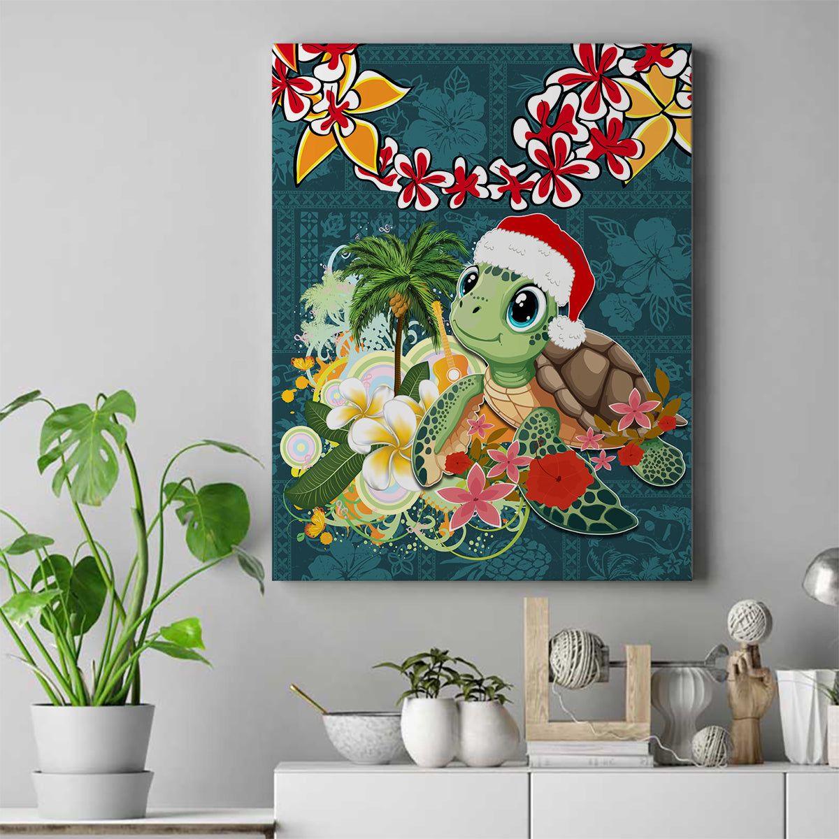 Hawaii Honu Mele Kalikimaka Canvas Wall Art Santa Tropical Flower Aloha Summer Turquoise Version LT03 Turquoise - Polynesian Pride