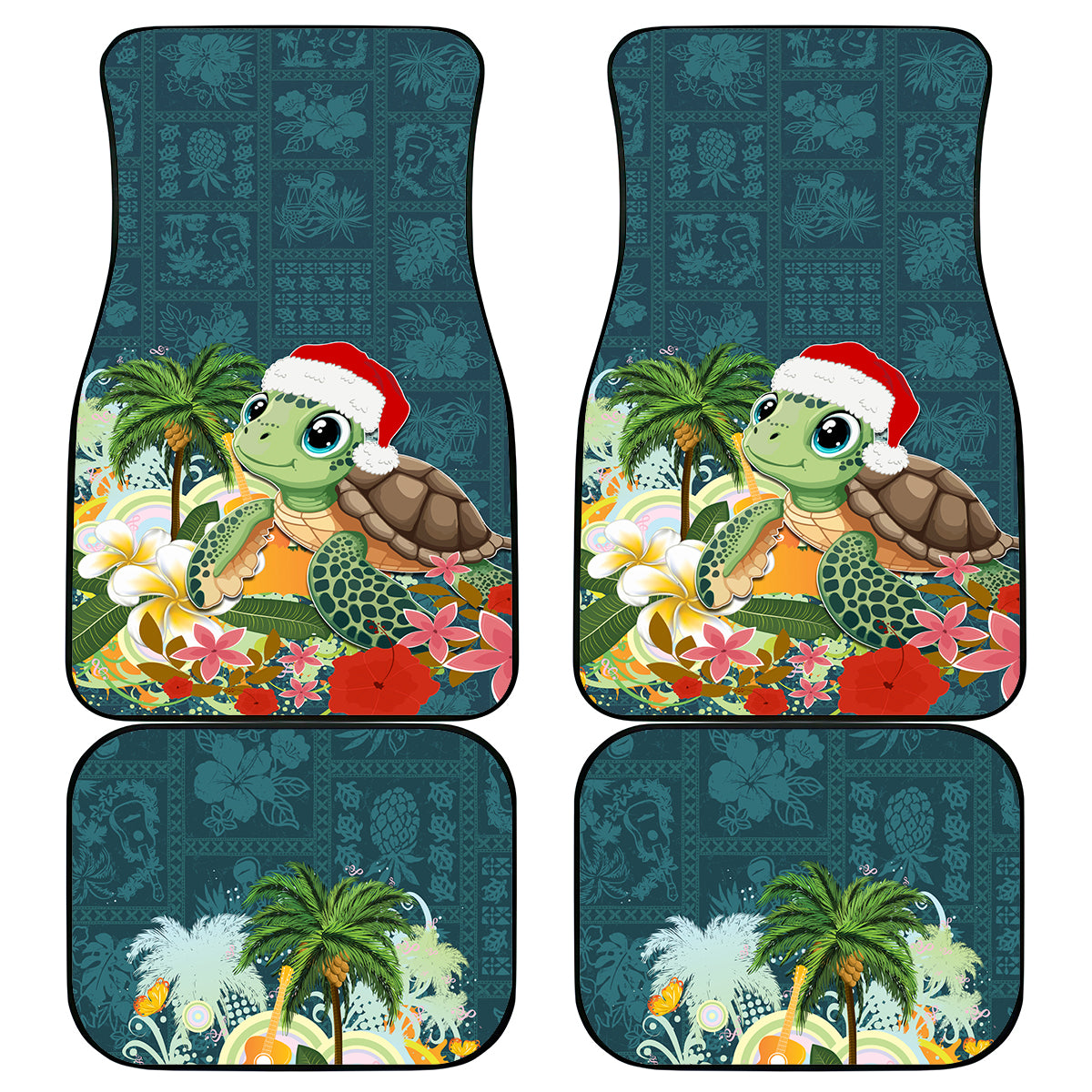 Hawaii Honu Mele Kalikimaka Car Mats Santa Tropical Flower Aloha Summer Turquoise Version LT03 Turquoise - Polynesian Pride