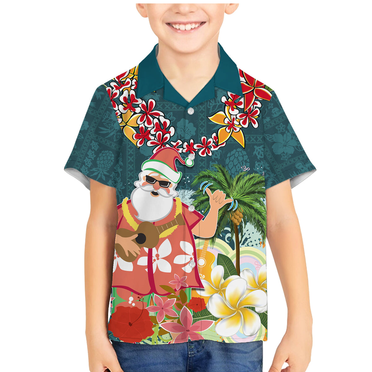 Hawaii Honu Mele Kalikimaka Family Matching Mermaid Dress and Hawaiian Shirt Santa Tropical Flower Aloha Summer Turquoise Version LT03 Son's Shirt Turquoise - Polynesian Pride