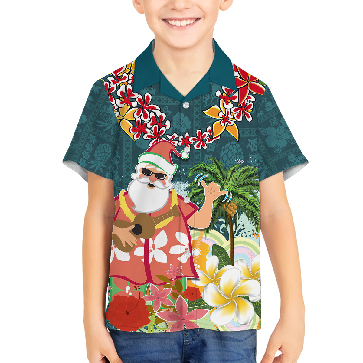 Hawaii Honu Mele Kalikimaka Family Matching Off Shoulder Maxi Dress and Hawaiian Shirt Santa Tropical Flower Aloha Summer Turquoise Version LT03 Son's Shirt Turquoise - Polynesian Pride