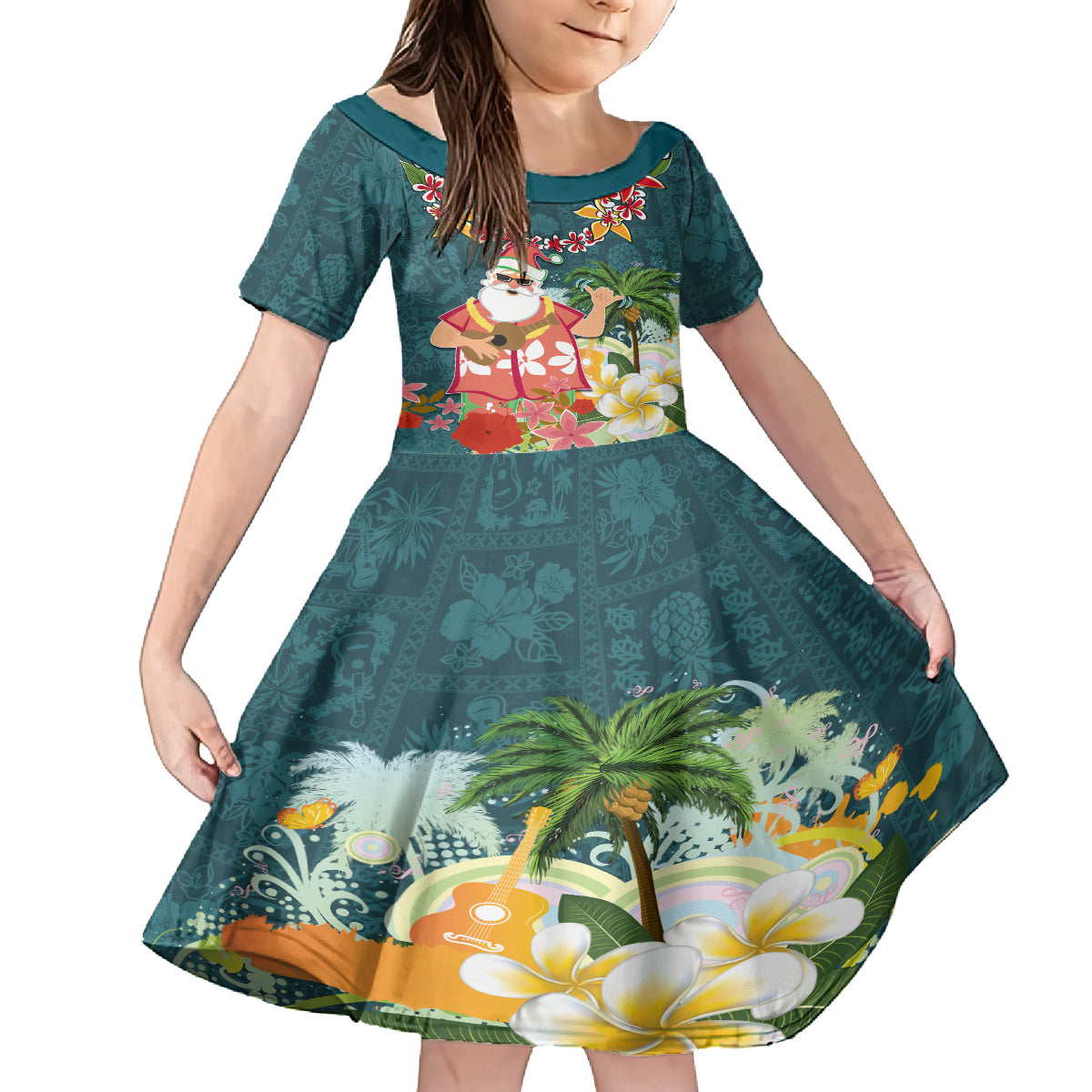 Hawaii Honu Mele Kalikimaka Family Matching Off Shoulder Short Dress and Hawaiian Shirt Santa Tropical Flower Aloha Summer Turquoise Version LT03 Daughter's Dress Turquoise - Polynesian Pride