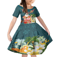 Hawaii Honu Mele Kalikimaka Family Matching Tank Maxi Dress and Hawaiian Shirt Santa Tropical Flower Aloha Summer Turquoise Version LT03 Daughter's Dress Turquoise - Polynesian Pride