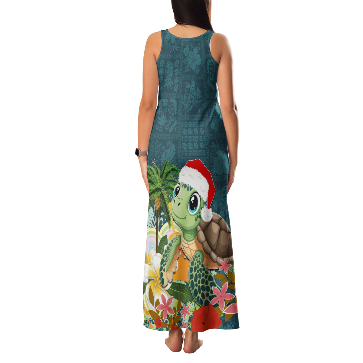 Hawaii Honu Mele Kalikimaka Family Matching Tank Maxi Dress and Hawaiian Shirt Santa Tropical Flower Aloha Summer Turquoise Version LT03 - Polynesian Pride