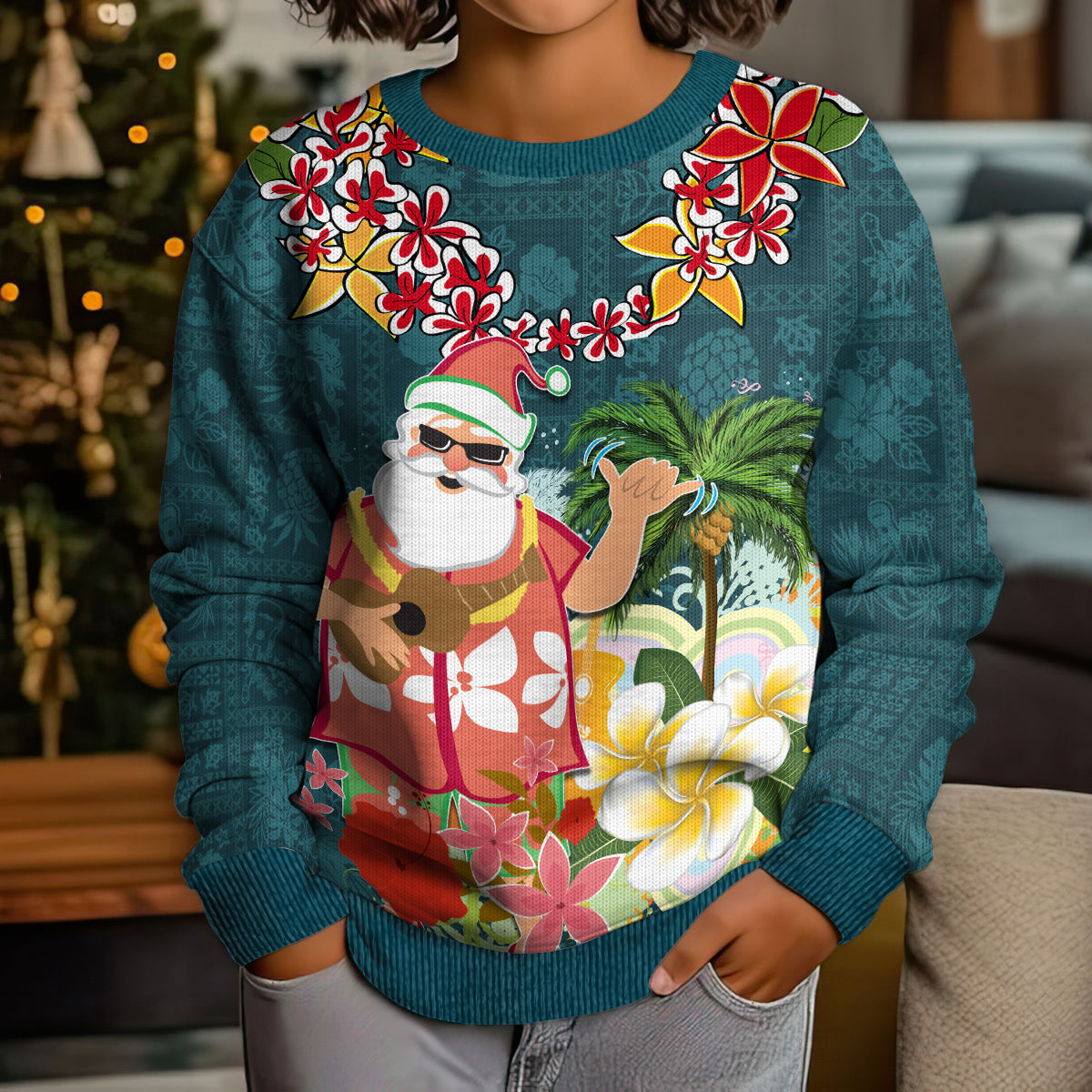 Hawaii Honu Mele Kalikimaka Kid Ugly Christmas Sweater Santa Tropical Flower Aloha Summer Turquoise Version LT03 - Polynesian Pride