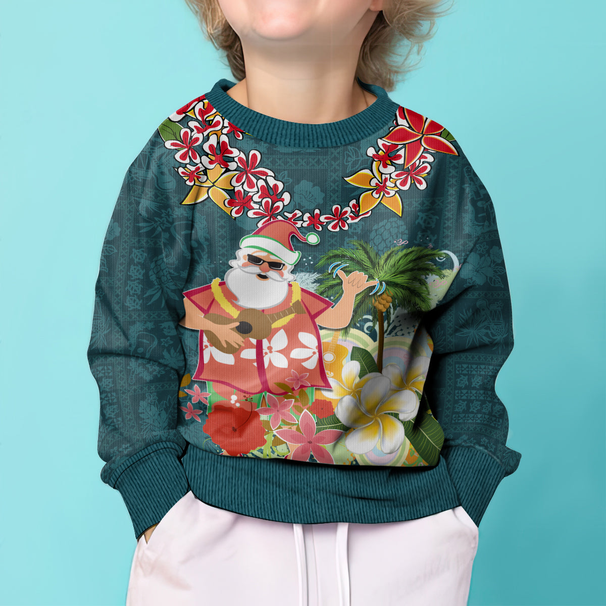 Hawaii Honu Mele Kalikimaka Kid Ugly Christmas Sweater Santa Tropical Flower Aloha Summer Turquoise Version LT03 - Polynesian Pride