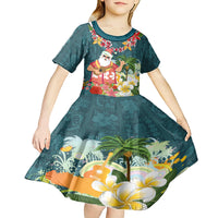 Hawaii Honu Mele Kalikimaka Kid Short Sleeve Dress Santa Tropical Flower Aloha Summer Turquoise Version LT03 - Polynesian Pride