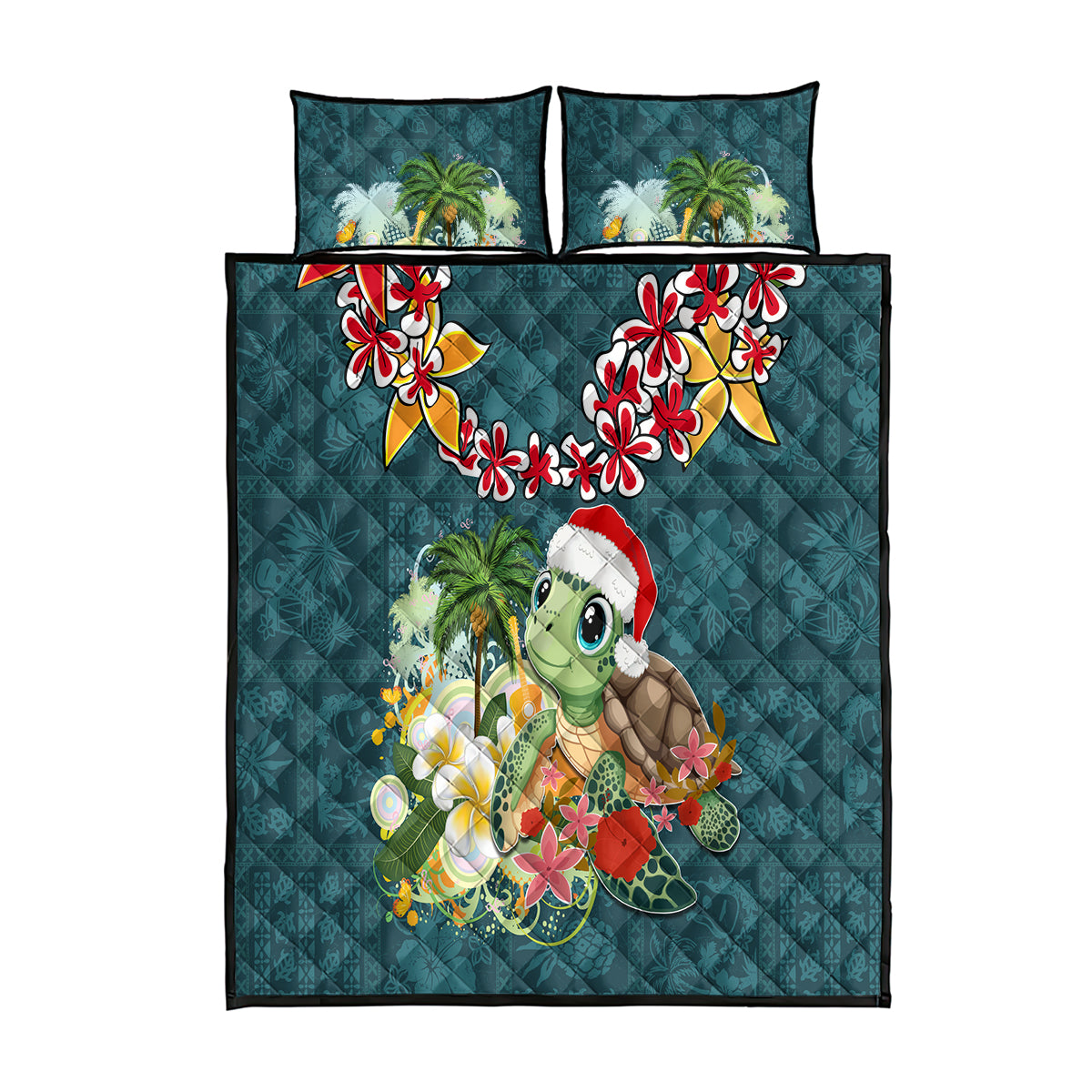 Hawaii Honu Mele Kalikimaka Quilt Bed Set Santa Tropical Flower Aloha Summer Turquoise Version LT03 Turquoise - Polynesian Pride