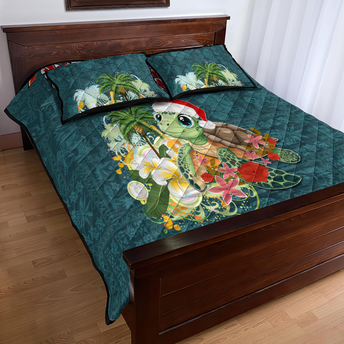 Hawaii Honu Mele Kalikimaka Quilt Bed Set Santa Tropical Flower Aloha Summer Turquoise Version LT03 - Polynesian Pride