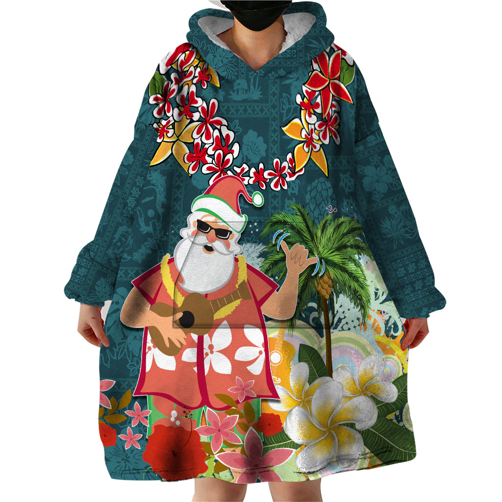 Hawaii Honu Mele Kalikimaka Wearable Blanket Hoodie Santa Tropical Flower Aloha Summer Turquoise Version LT03 - Polynesian Pride