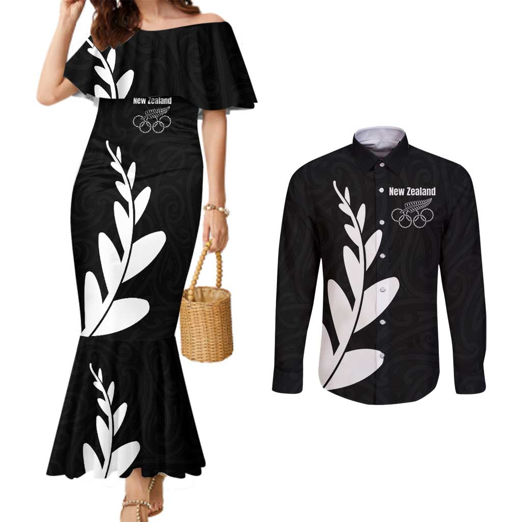Personalised New Zealand Canoeing Special Jersey Couples Matching Mermaid Dress and Long Sleeve Button Shirt LT03 Black - Polynesian Pride