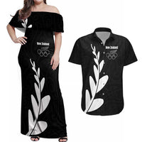 Personalised New Zealand Canoeing Special Jersey Couples Matching Off Shoulder Maxi Dress and Hawaiian Shirt LT03 Black - Polynesian Pride