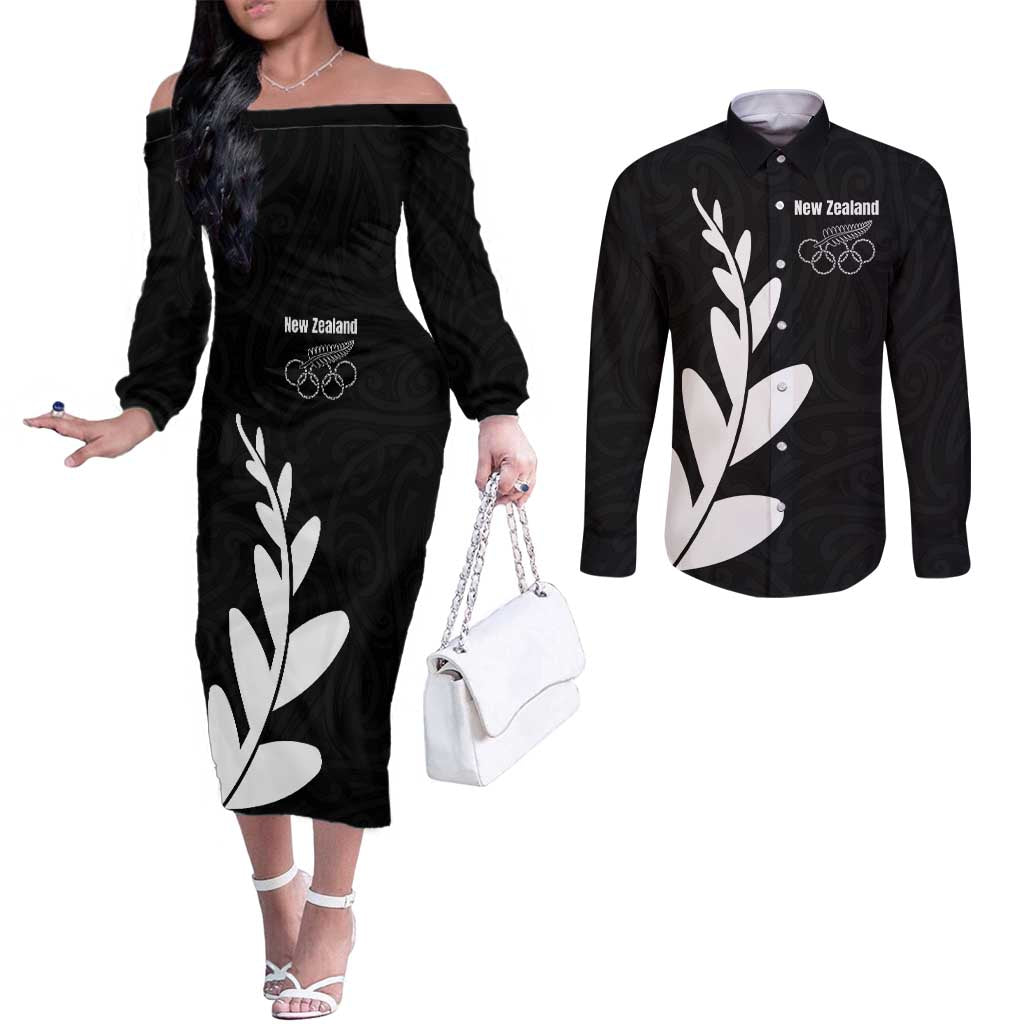 Personalised New Zealand Canoeing Special Jersey Couples Matching Off The Shoulder Long Sleeve Dress and Long Sleeve Button Shirt LT03 Black - Polynesian Pride