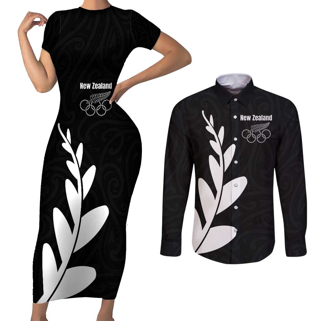 Personalised New Zealand Canoeing Special Jersey Couples Matching Short Sleeve Bodycon Dress and Long Sleeve Button Shirt LT03 Black - Polynesian Pride