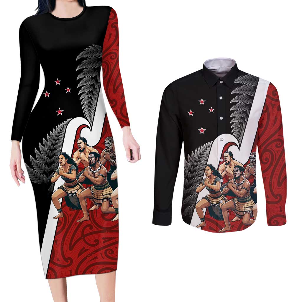 New Zealand Te Matatini Couples Matching Long Sleeve Bodycon Dress and Long Sleeve Button Shirt Kapa Haka and Silver Fern - Maori Art Pattern