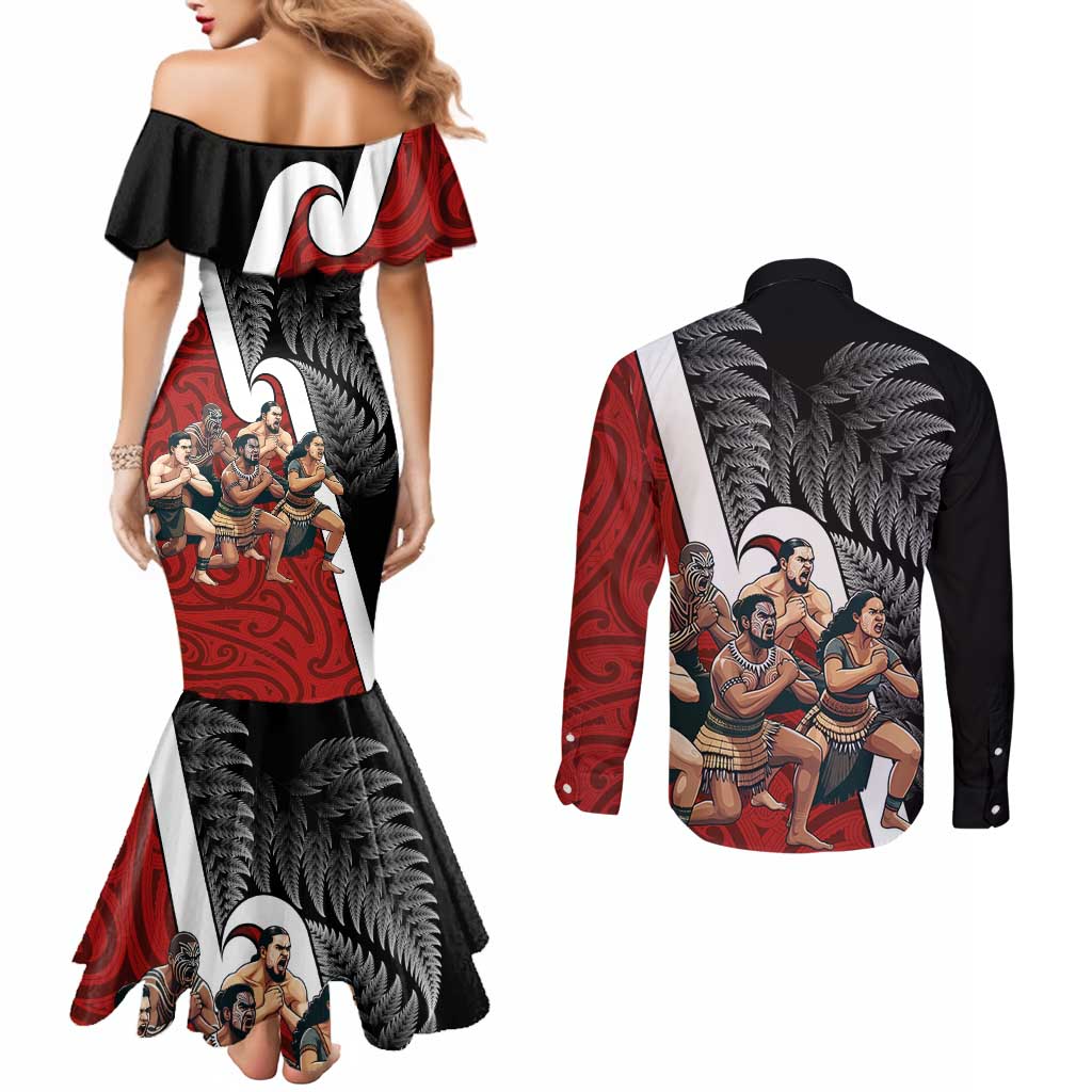 New Zealand Te Matatini Couples Matching Mermaid Dress and Long Sleeve Button Shirt Kapa Haka and Silver Fern - Maori Art Pattern