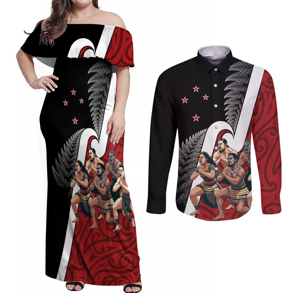 New Zealand Te Matatini Couples Matching Off Shoulder Maxi Dress and Long Sleeve Button Shirt Kapa Haka and Silver Fern - Maori Art Pattern