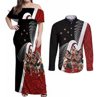 New Zealand Te Matatini Couples Matching Off Shoulder Maxi Dress and Long Sleeve Button Shirt Kapa Haka and Silver Fern - Maori Art Pattern