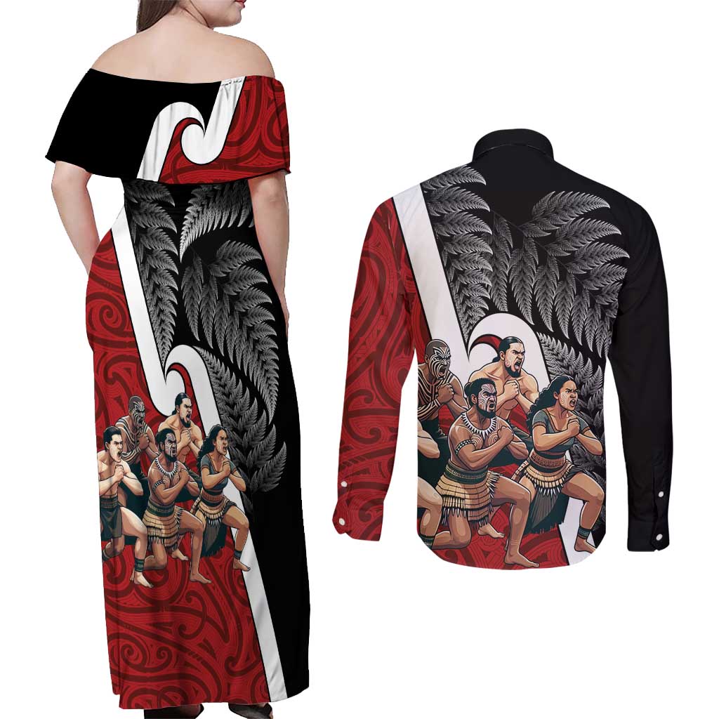 New Zealand Te Matatini Couples Matching Off Shoulder Maxi Dress and Long Sleeve Button Shirt Kapa Haka and Silver Fern - Maori Art Pattern
