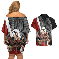 New Zealand Te Matatini Couples Matching Off Shoulder Short Dress and Hawaiian Shirt Kapa Haka and Silver Fern - Maori Art Pattern