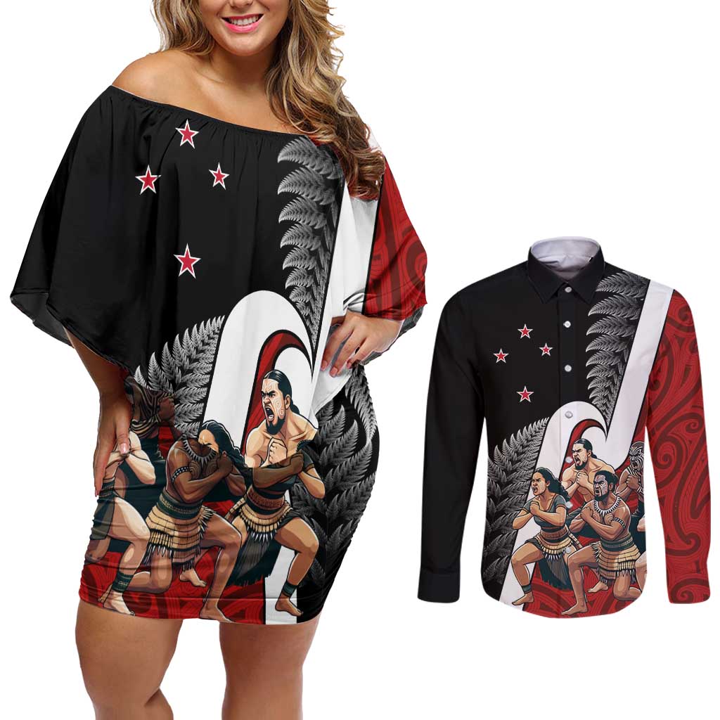 New Zealand Te Matatini Couples Matching Off Shoulder Short Dress and Long Sleeve Button Shirt Kapa Haka and Silver Fern - Maori Art Pattern