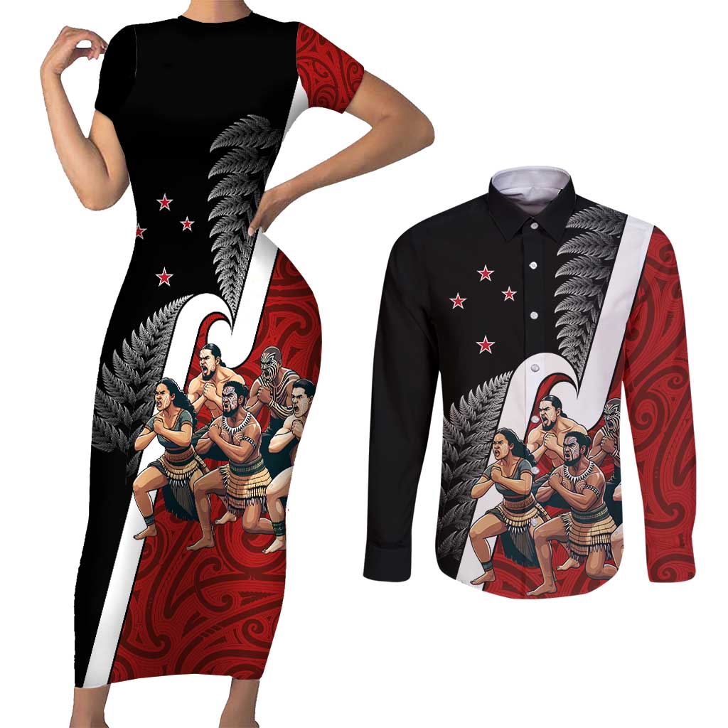 New Zealand Te Matatini Couples Matching Short Sleeve Bodycon Dress and Long Sleeve Button Shirt Kapa Haka and Silver Fern - Maori Art Pattern