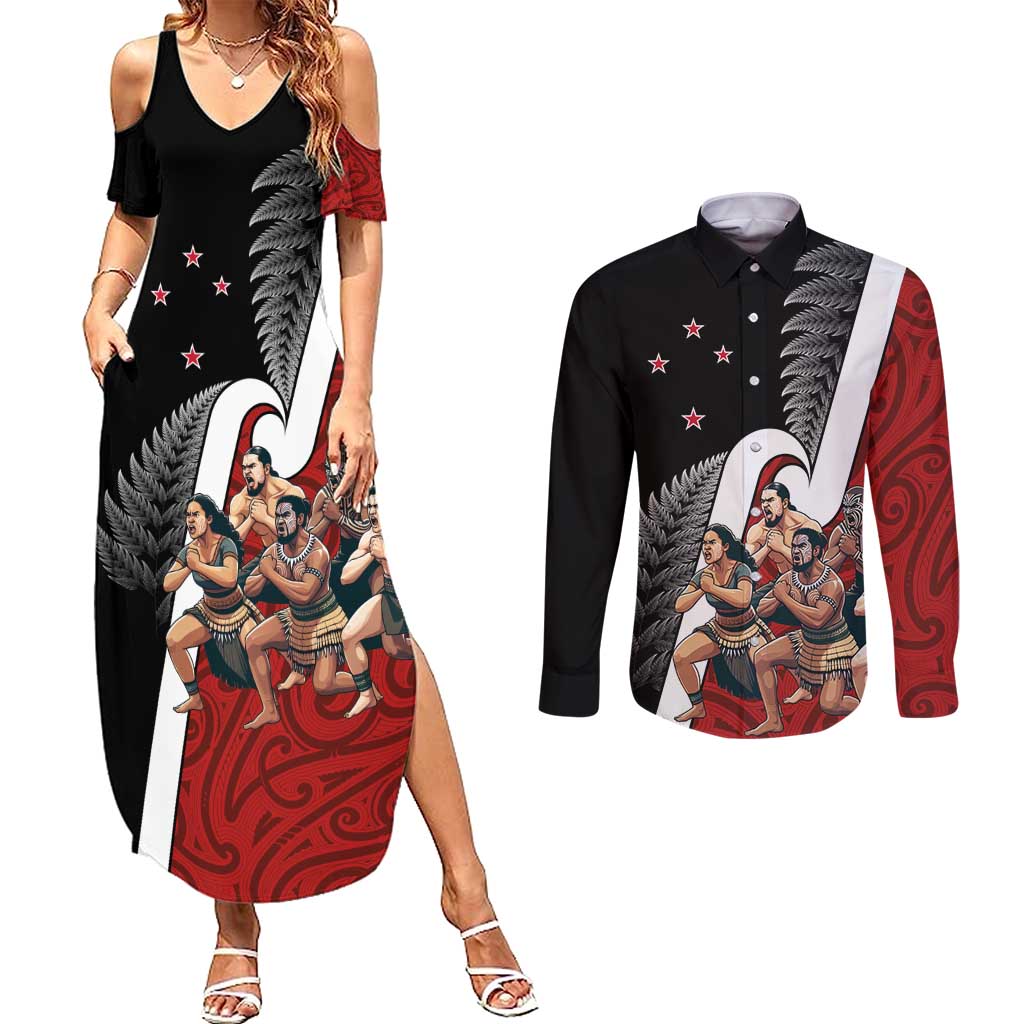 New Zealand Te Matatini Couples Matching Summer Maxi Dress and Long Sleeve Button Shirt Kapa Haka and Silver Fern - Maori Art Pattern