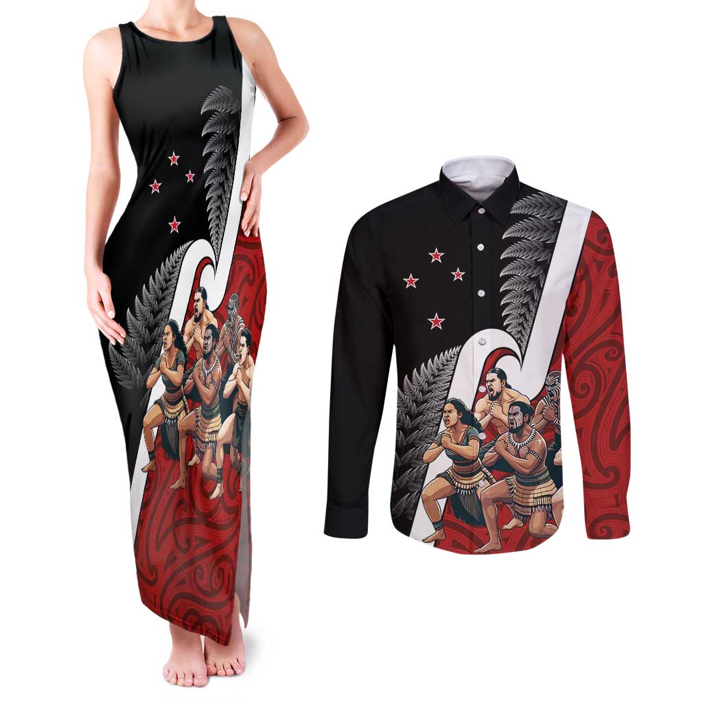 New Zealand Te Matatini Couples Matching Tank Maxi Dress and Long Sleeve Button Shirt Kapa Haka and Silver Fern - Maori Art Pattern