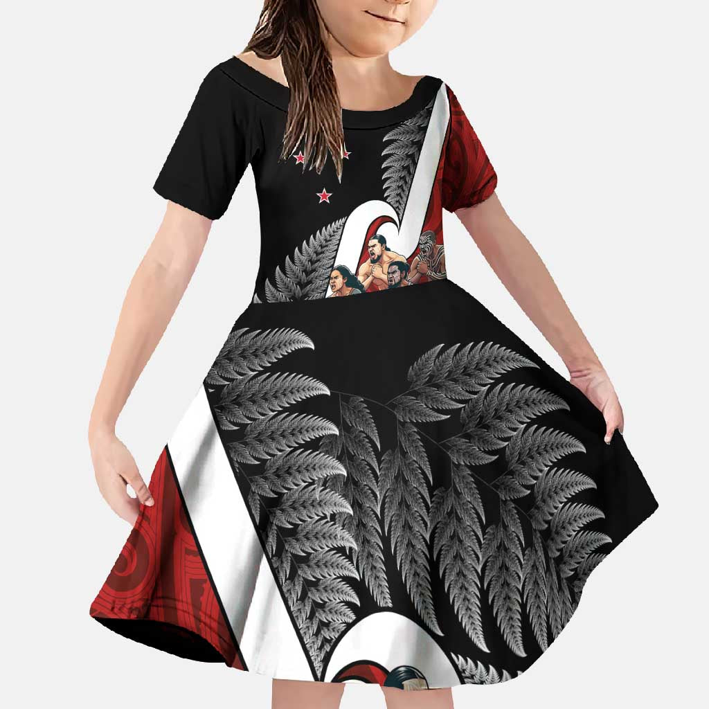 New Zealand Te Matatini Family Matching Long Sleeve Bodycon Dress and Hawaiian Shirt Kapa Haka and Silver Fern - Maori Art Pattern LT03 Daughter's Dress Black - Polynesian Pride