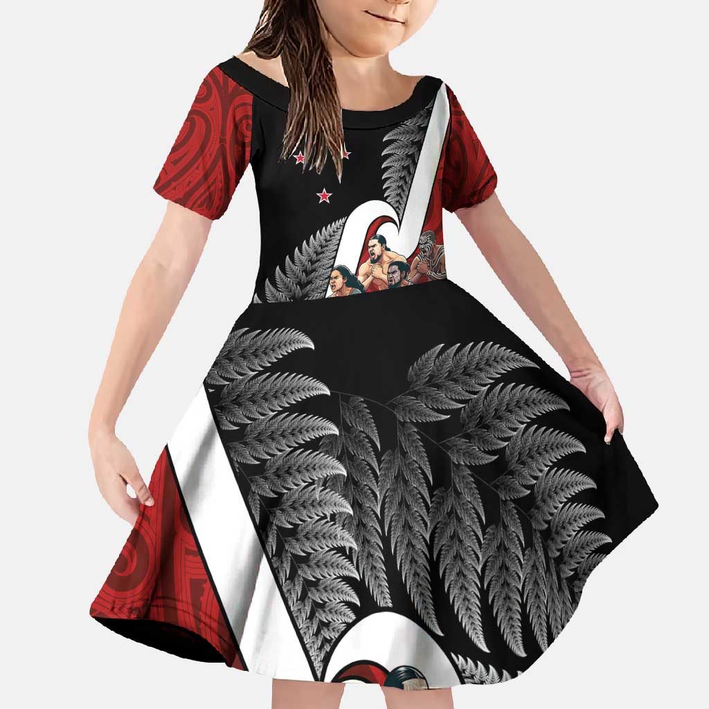 New Zealand Te Matatini Family Matching Off Shoulder Maxi Dress and Hawaiian Shirt Kapa Haka and Silver Fern - Maori Art Pattern LT03 Daughter's Dress Black - Polynesian Pride