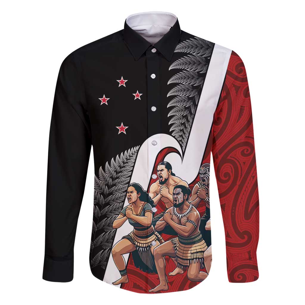 New Zealand Te Matatini Family Matching Summer Maxi Dress and Hawaiian Shirt Kapa Haka and Silver Fern - Maori Art Pattern LT03 Dad's Shirt - Long Sleeve Black - Polynesian Pride
