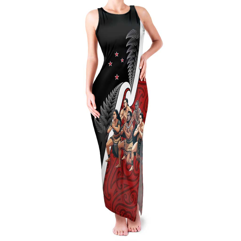 New Zealand Te Matatini Family Matching Tank Maxi Dress and Hawaiian Shirt Kapa Haka and Silver Fern - Maori Art Pattern LT03 Mom's Dress Black - Polynesian Pride