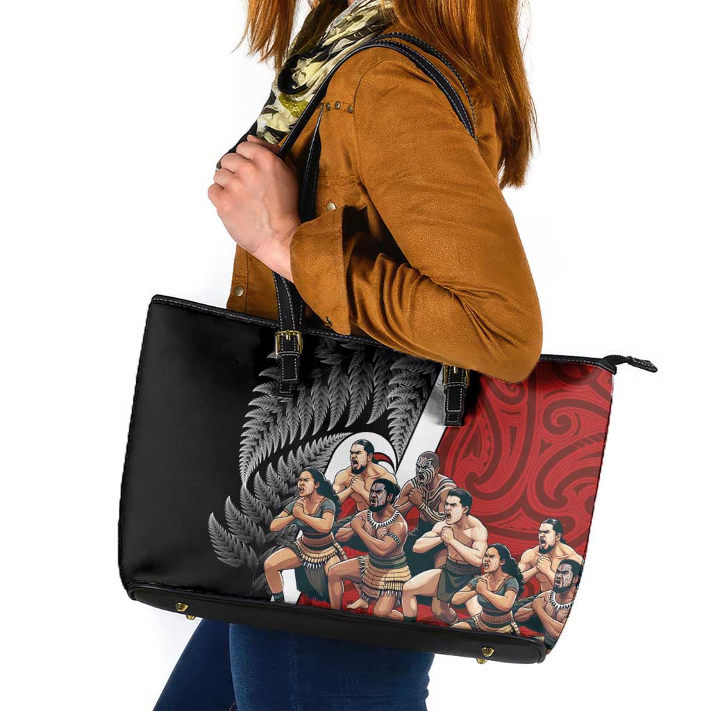 New Zealand Te Matatini Leather Tote Bag Kapa Haka and Silver Fern - Maori Art Pattern LT03 Black - Polynesian Pride